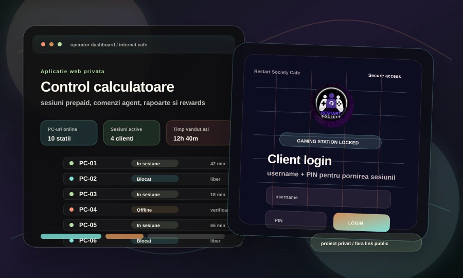 Aplicație privată pentru internet cafe cu dashboard web și ecran de login pe PC-urile din sală