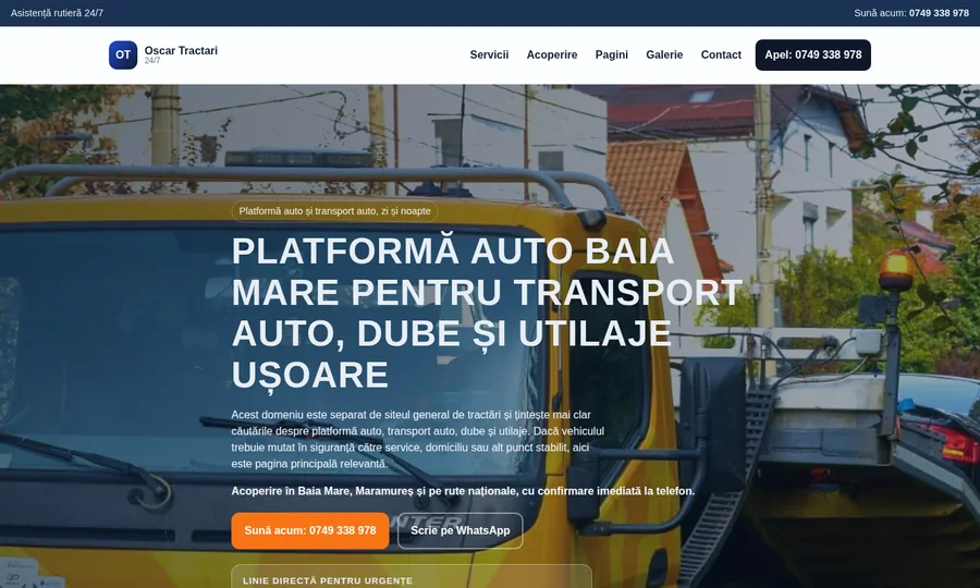 Landing page Oscar Tractări pentru servicii auto 24/7, cu număr de telefon și secțiune de ofertă